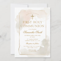 Aquarelle ivoire Croix d'or Première communion sai
