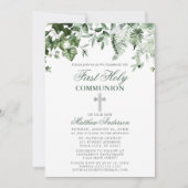 Invitation Aquarelle Ivy Ferns Sage Argent Première communion (Devant)