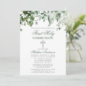 Invitation Aquarelle Ivy Ferns Sage Argent Première communion (Debout devant)