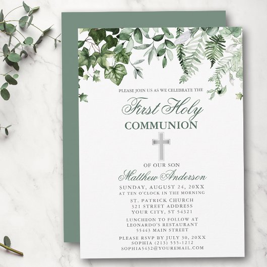 Invitation Aquarelle Ivy Ferns Sage Argent Première communion