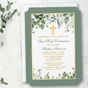 Invitation Aquarelle Ivy Ferns Sage Gold Frame Communion