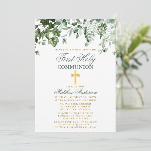 Invitation Aquarelle Ivy Ferns Sage Gold Première communion (Debout devant)