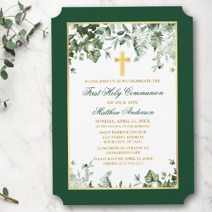 Invitation Aquarelle Ivy Ferns Sage Green Gold Communion