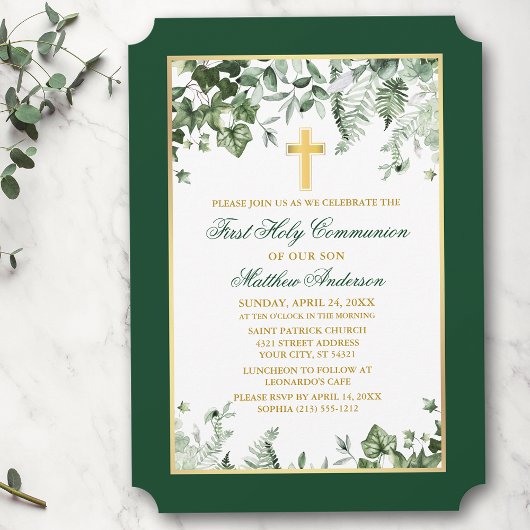 Invitation Aquarelle Ivy Ferns Sage Green Gold Communion