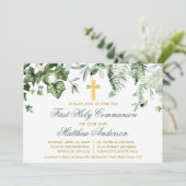 Invitation Aquarelle Ivy Ferns Sage Green Gold Communion (Debout devant)