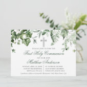 Invitation Aquarelle Ivy Ferns Sage Green Silver Communion (Debout devant)