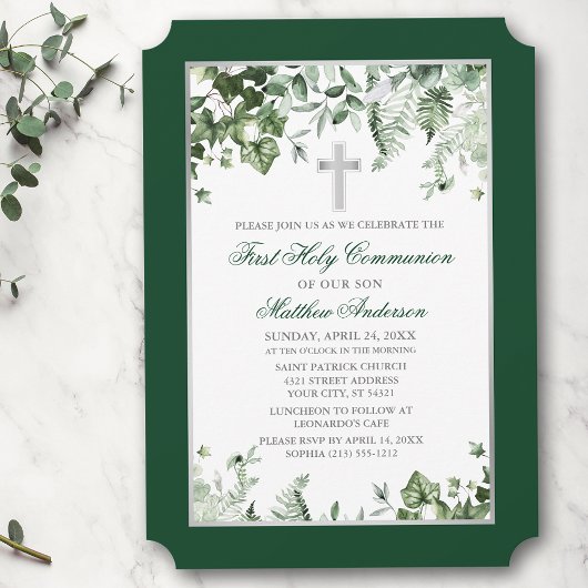 Invitation Aquarelle Ivy Ferns Sage Green Silver Communion