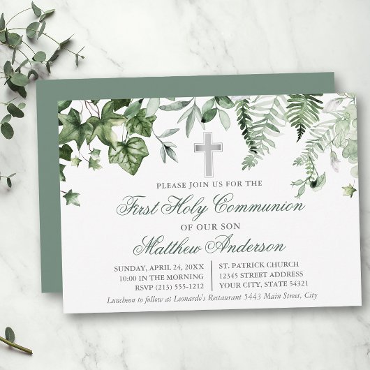 Invitation Aquarelle Ivy Ferns Sage Green Silver Communion