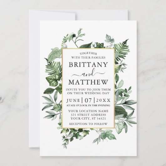 Invitation Aquarelle Ivy Ferns Sage Greenery Gold Mariage (Devant)