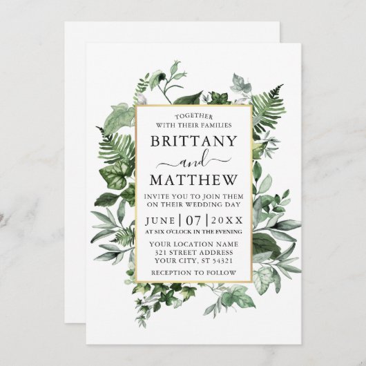 Invitation Aquarelle Ivy Ferns Sage Greenery Gold Mariage (Devant / Derrière)