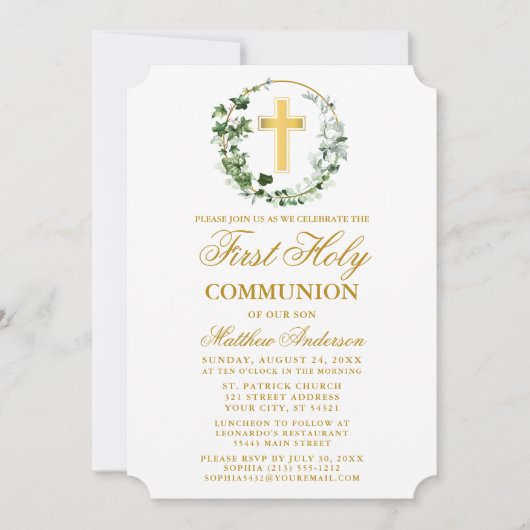 Invitation Aquarelle Ivy Wreath First Communion Gold (Devant)