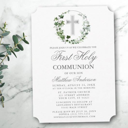 Invitation Aquarelle Ivy Wreath Première communion Argent