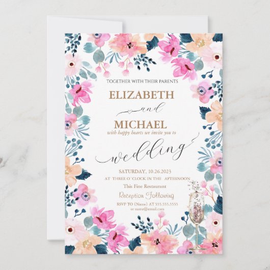 Invitation Aquarelle Jardin Fleurs roses (Devant)