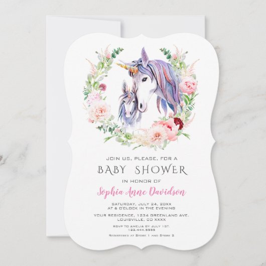 Invitation Aquarelle Jardin Fleurs Unicorn Baby shower (Devant)
