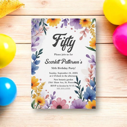 Invitation Aquarelle Jardin Floral Boho Été 50e anniversaire