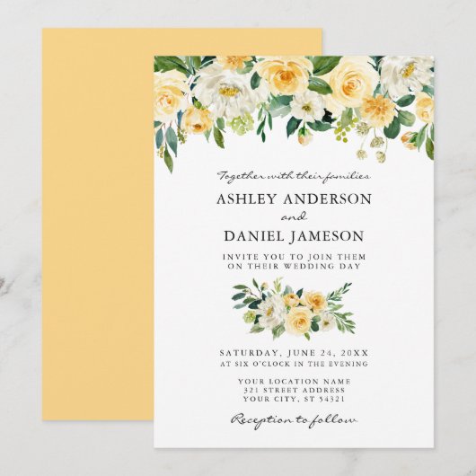 Invitation Aquarelle Jaune Blanc Floral Élégant Mariage (Devant / Derrière)