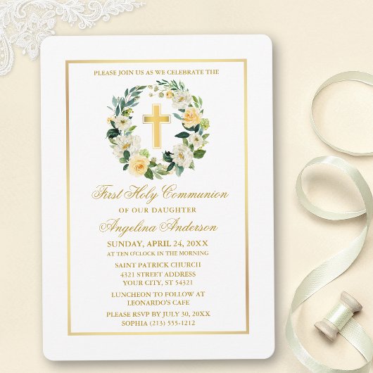 Invitation Aquarelle Jaune Blanc Floral Wreath Communion