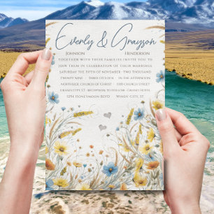 Invitation Aquarelle Jaune & Bleu Élégance Mariage Floral