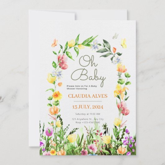 Invitation aquarelle jaune botanique babyshower fleurie (Devant)