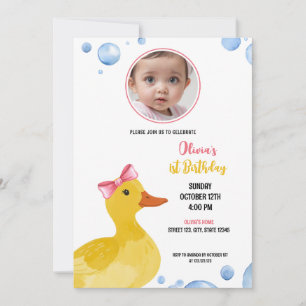 Invitation Aquarelle Jaune Canard Bébé Fille Photo Anniversai