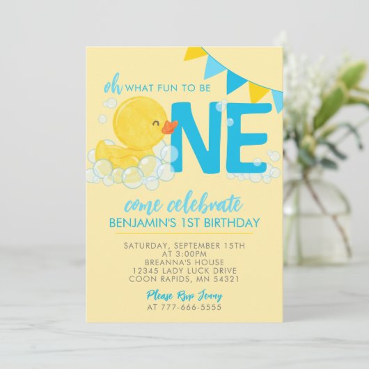 Invitation Aquarelle jaune Caoutchouc Canard 1er anniversaire (Debout devant)