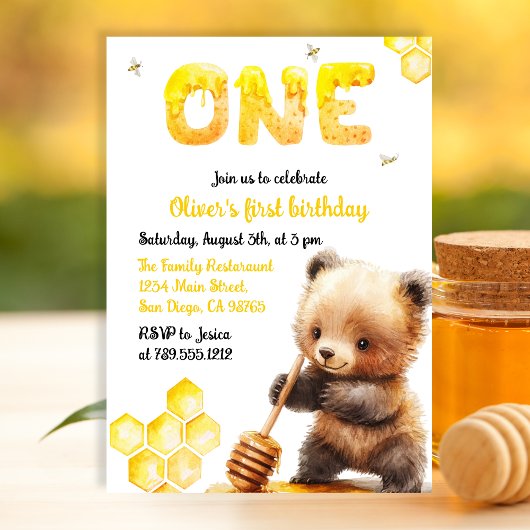 Invitation Aquarelle Jaune Douce Ours Miel Premier anniversai