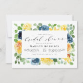 Invitation Aquarelle jaune et bleu Fête des mariées florale (Devant)