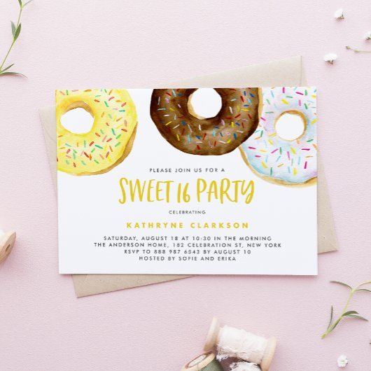 Invitation Aquarelle Jaune et chocolat Donuts Sweet 16
