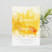 Invitation Aquarelle jaune et mariage de confettis d'or feuil (Debout devant)