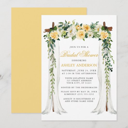 Invitation Aquarelle Jaune Fête des mariées à canopée Florale (Devant / Derrière)