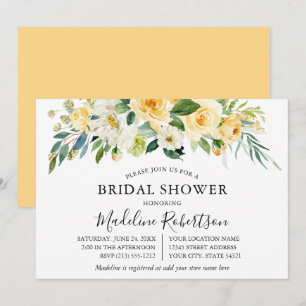 Invitation Aquarelle Jaune Fête des mariées Florale blanche