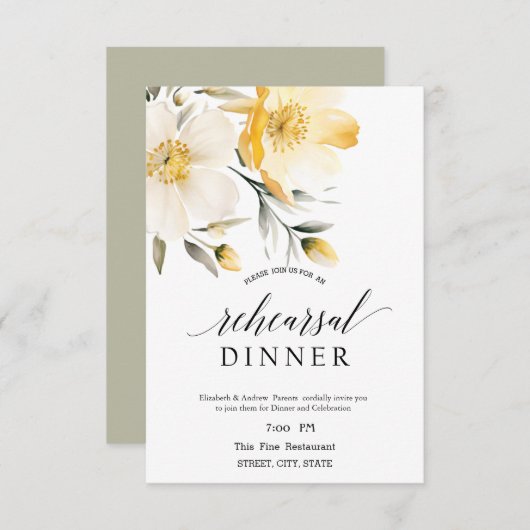 Invitation Aquarelle Jaune Fleurs blanches Dîner de répétitio (Devant / Derrière)