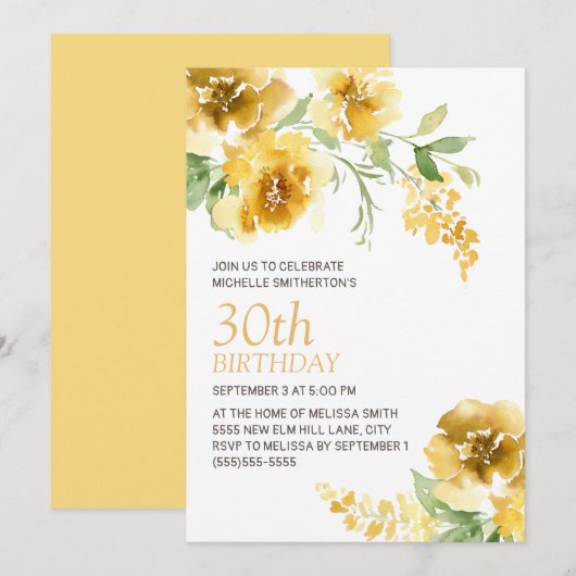 Invitation Aquarelle jaune Floral femmes 30e anniversaire (Devant / Derrière)