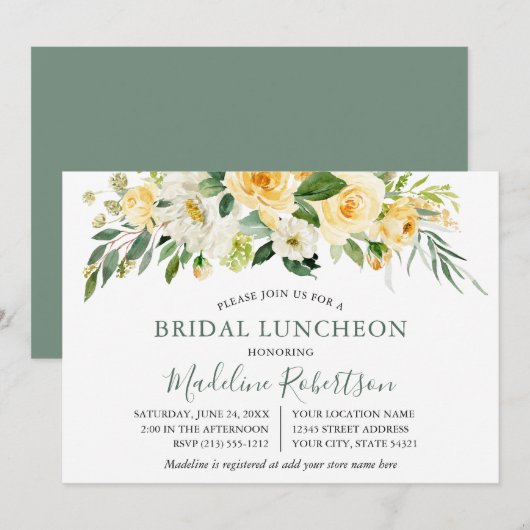 Invitation Aquarelle Jaune Floral Sage Vert Bridal Déjeuner (Devant / Derrière)