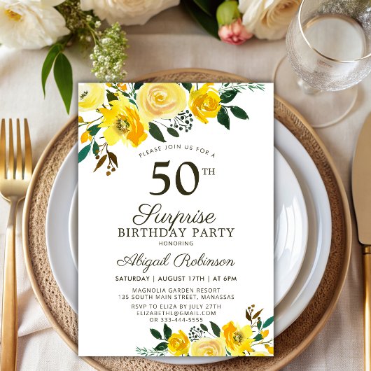 Invitation Aquarelle jaune Floral Surprise 50e anniversaire