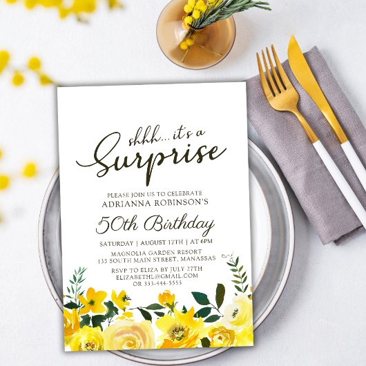 Invitation Aquarelle jaune Floral Surprise 50e anniversaire
