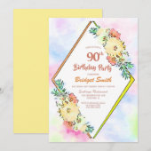 Invitation Aquarelle Jaune Florale 90e fête d'anniversaire (Devant / Derrière)
