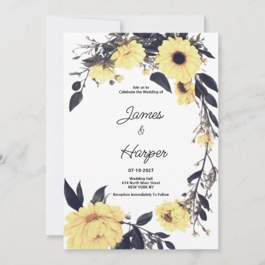 Invitation Aquarelle jaune gris foncé marguerite Mariage (Devant)