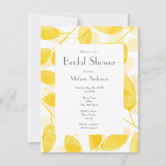 Invitation Aquarelle jaune or Feuilles (Devant)