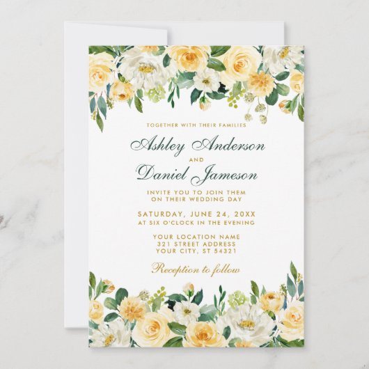 Invitation Aquarelle Jaune Or Vert Mariage Élégant (Devant)