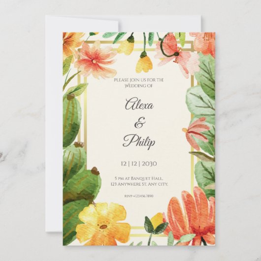 Invitation Aquarelle jaune orange Mariage floral (Devant)