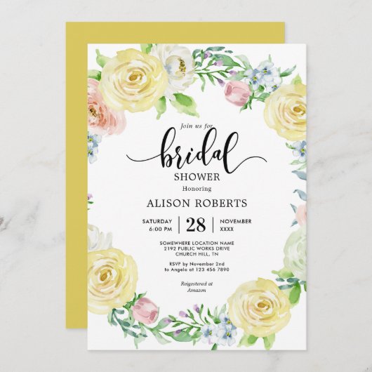 Invitation Aquarelle jaune pastel mariage douche nuptiale (Devant / Derrière)