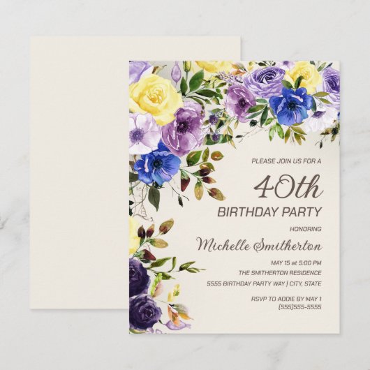Invitation Aquarelle jaune pourpre Floral 40e anniversaire (Devant / Derrière)