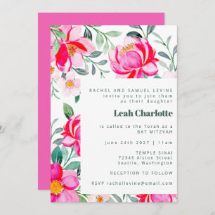 Invitation Aquarelle jaune rose chaud mignonne Bat mitzvah fl