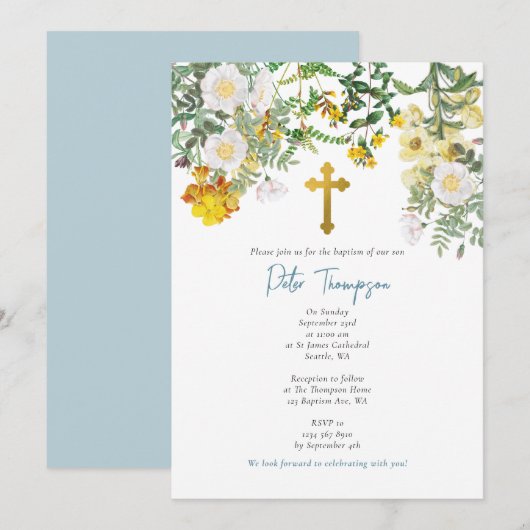 Invitation Aquarelle jaune Rose Fleur Jardin Garçon Baptême (Devant / Derrière)