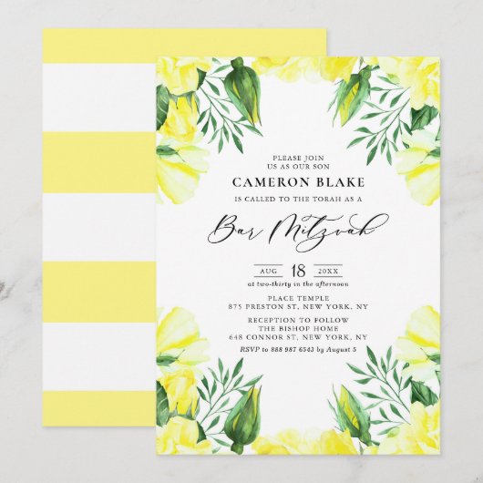 Invitation Aquarelle jaune Roses Floral Bar Mitzvah (Devant / Derrière)