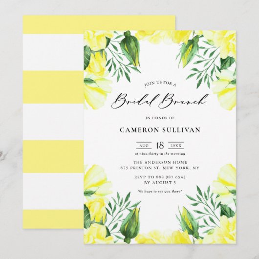 Invitation Aquarelle jaune Roses Garland Bridal Brunch (Devant / Derrière)