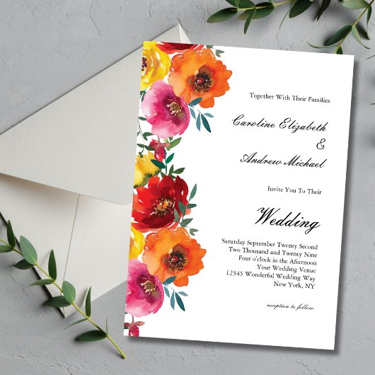 Invitation Aquarelle jaune rouge rose orange Mariage floral