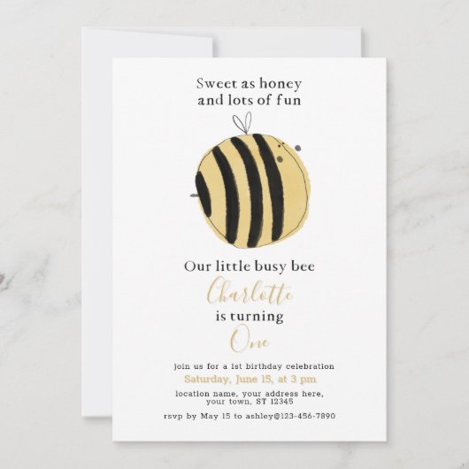 Invitation Aquarelle jaune simple Abeille 1er anniversaire (Devant)