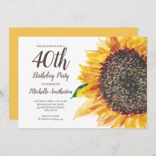 Invitation Aquarelle jaune tournesol 40e anniversaire femmes